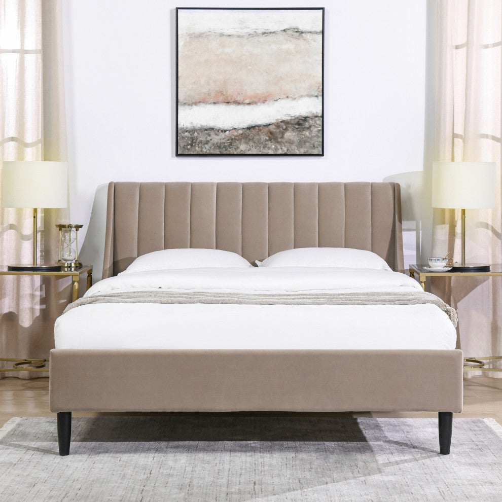 Aspen Modern Vertical Tufted Upholstered Platform Bed, Mink Beige Performance Velvet, Queen