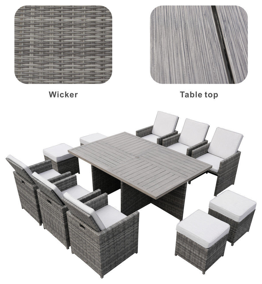 Outdoor Patio Wicker Dining Table Set with Chairs, 11-Piece Set, Gray