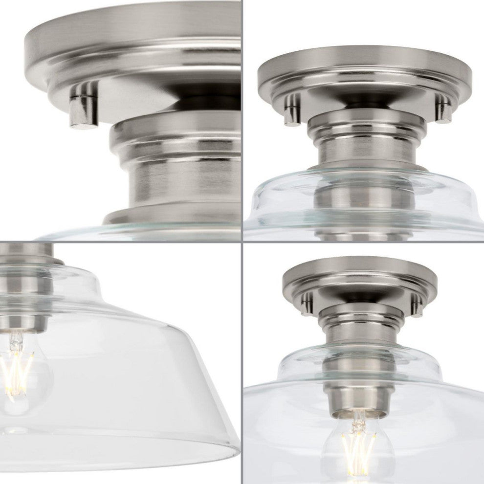 Singleton 1-Light 14" Brushed Nickel Semi-Flush Mount Light, Clear Glass Shade