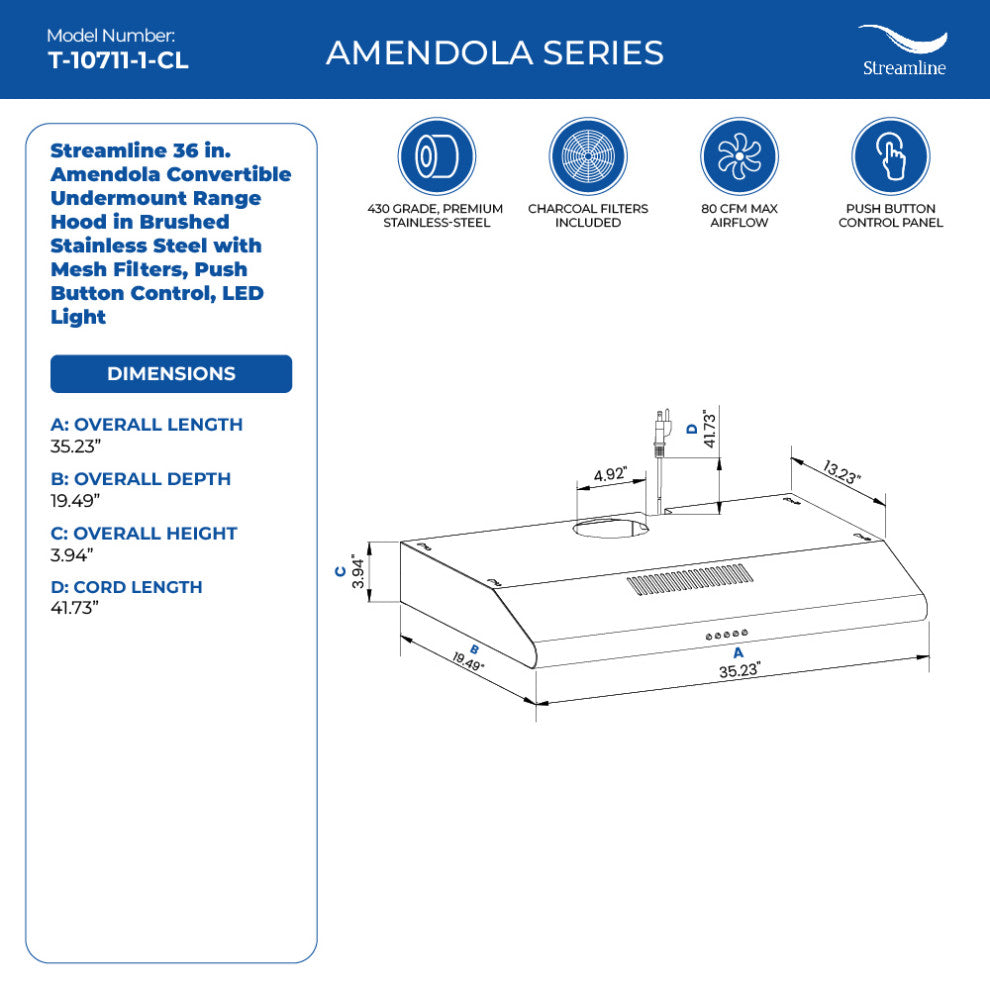 Streamline 36" Amendola Convertible Undermount Range Hood, Stainless Steel