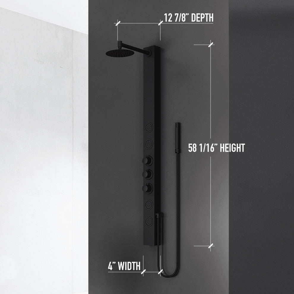 Sutton 58" H x 4" W 4-Jet Shower Panel with Round Shower Head, Matte Black