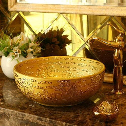 Renalto Golden Porcelain Handpainted Round Wash Basin Coutertop Bathroom Sink
