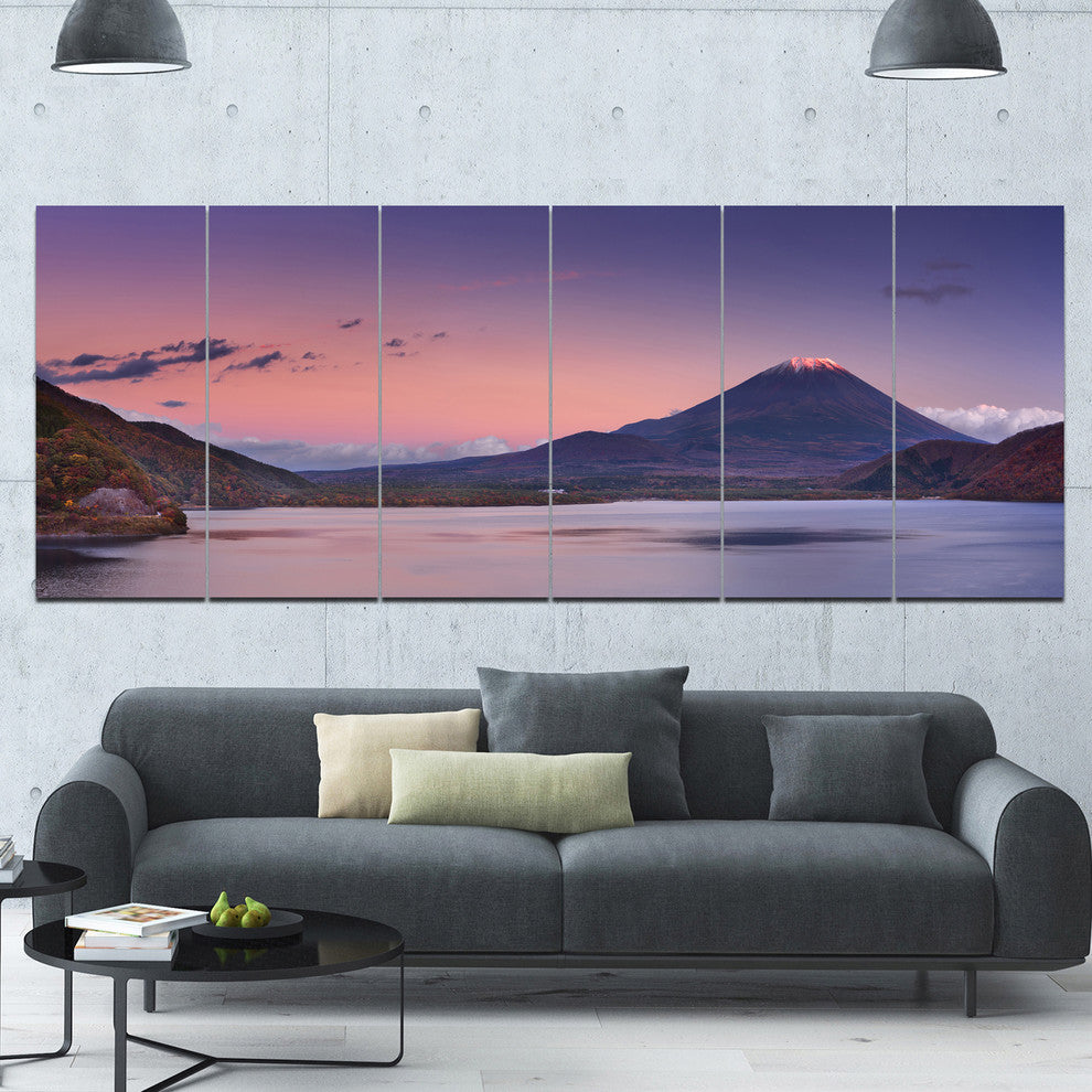 Sunset at Mount Fuji and Lake Motosu, Landscape Canvas Art, 70"x28", 6 Panels