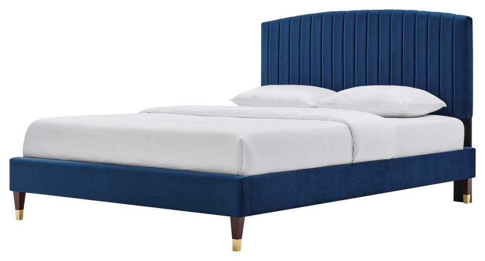 Platform Bed Frame, Queen Size, Blue Navy, Velvet, Modern, Bedroom Guest Suite