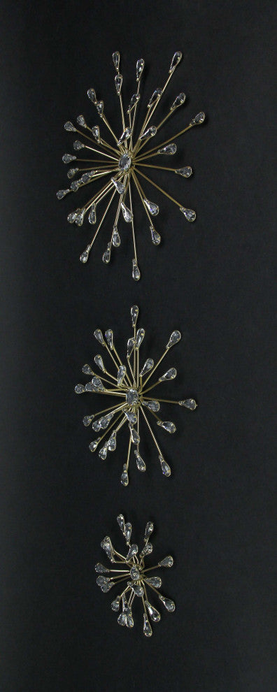 Set of 3 Gold Tone Teardrop Starburst Rhinestone Jeweled Metal Wall Art Hanging
