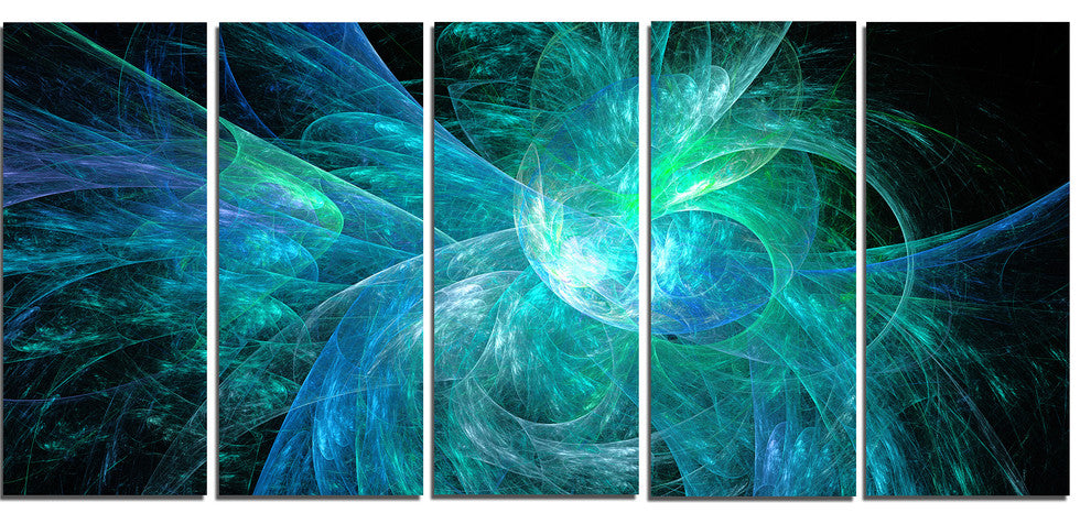 Blue on Black Fractal Illustration, Abstract Canvas Art Print, 60"x28", 5 Panels
