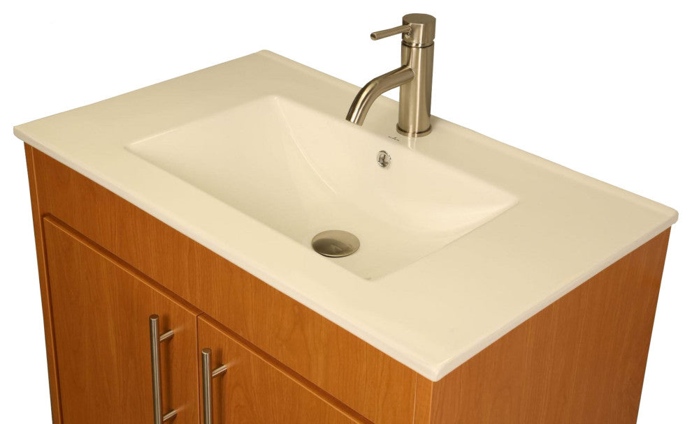 Pacific 30" Vanity With Integrated Ceramic Top and Brushed Nickel Handles, Honey