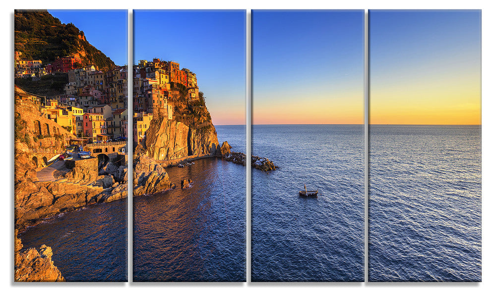 "Manarola Village Beach Panorama" Landscape Wall Art Print, 4 Panels, 48"x28"
