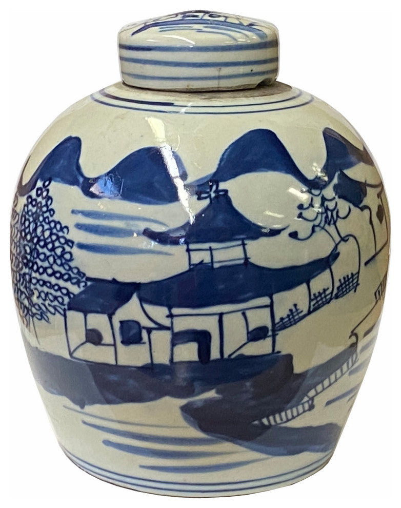 Chinese Oriental Small Blue White Scenery Porcelain Ginger Jar Hws1859