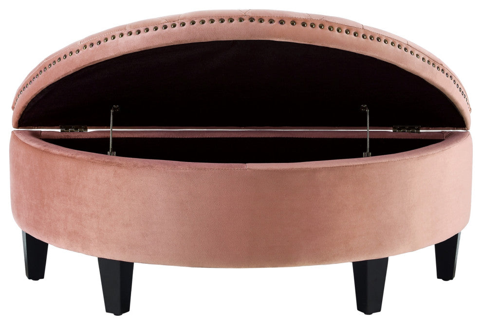 Laura Velvet Gold Nailhead Trim Half Moon Storage Ottoman, Blush