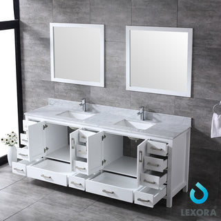 Jacques 84" Double Vanity Cabinet Carrara Marble Top Sinks, 34" Wall Mirrors