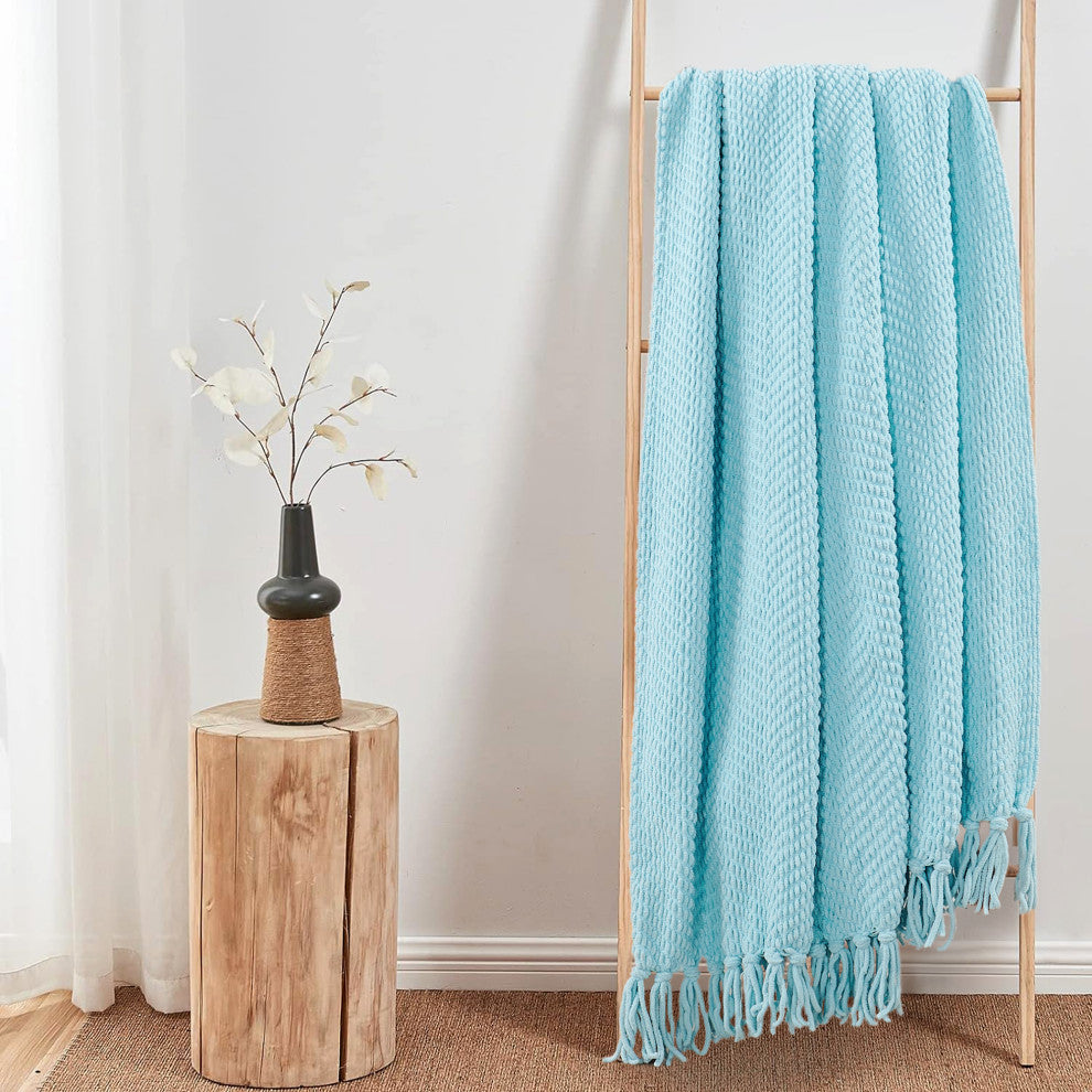 Tweed Knitted Throw Blanket, Aquamarine, 60"x80"