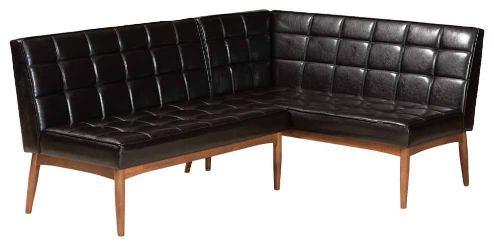 Devin Midcentury Modern 2-Piece Dining Banquette Seat, Dark Brown Faux Leather