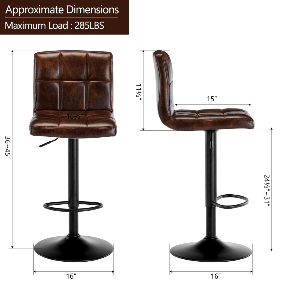 Set of 2 Armless Tufted Swivel Bar Stools, Dark Brown-Pu