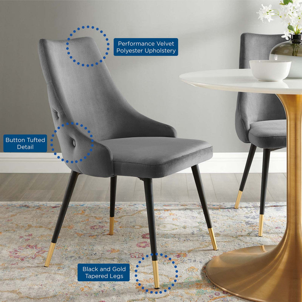 Tufted Side Dining Chair, Velvet, Gray, Modern, Cafe Bistro Restaurant