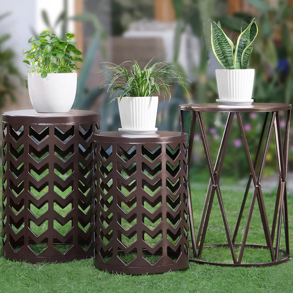 Outdoor Garden Stool Set of 3 with Metal Frame , Brown
