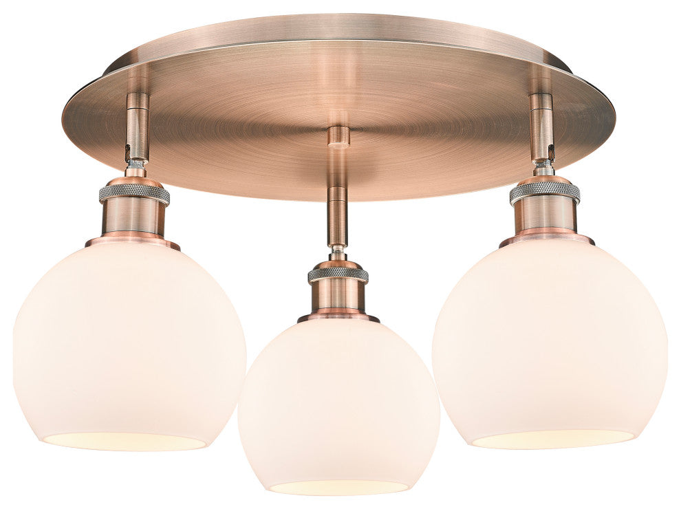 Athens-3 Light 18" Flush Mount-Antique Copper, Matte White Glass Shade