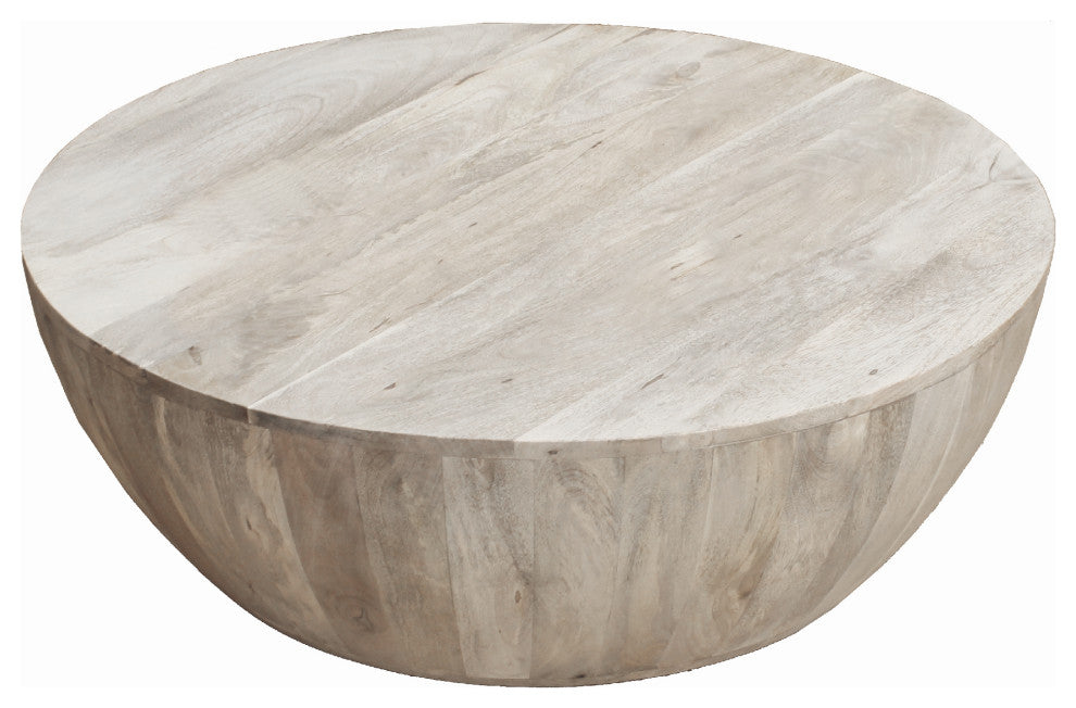 Distressed Mango Wood Coffee Table, Round Shape, Washed Light Brown