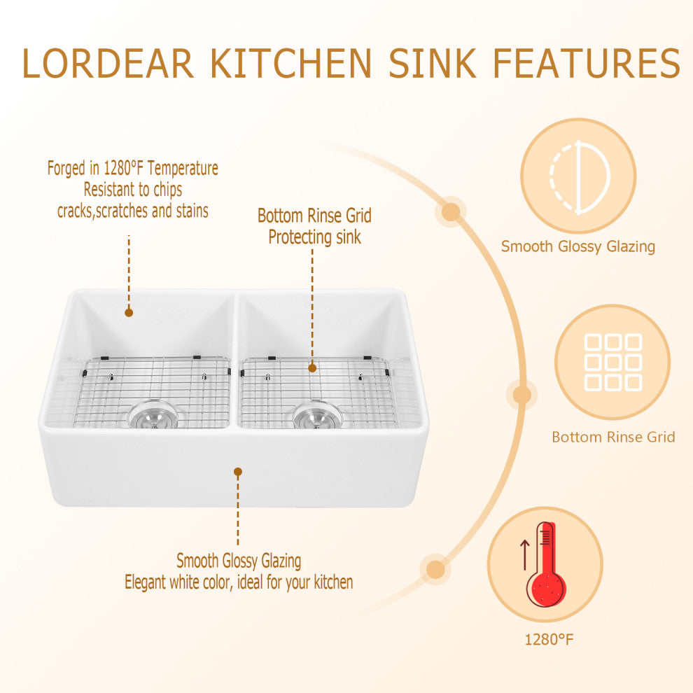 Farmhouse Ceramic Kitchen Sink Double Bowl Apron Front White Basin