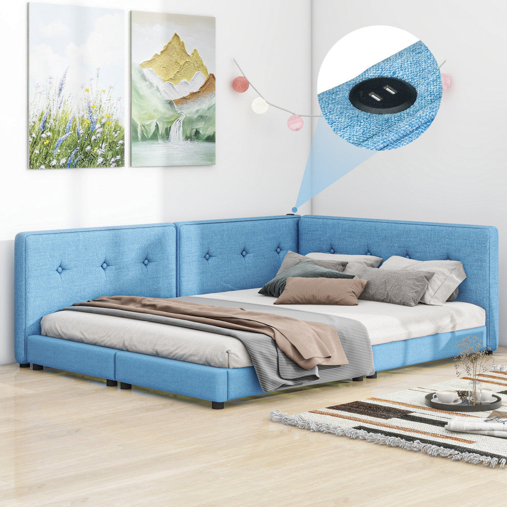 Gewnee Upholstered Queen Size platform bed with USB Ports