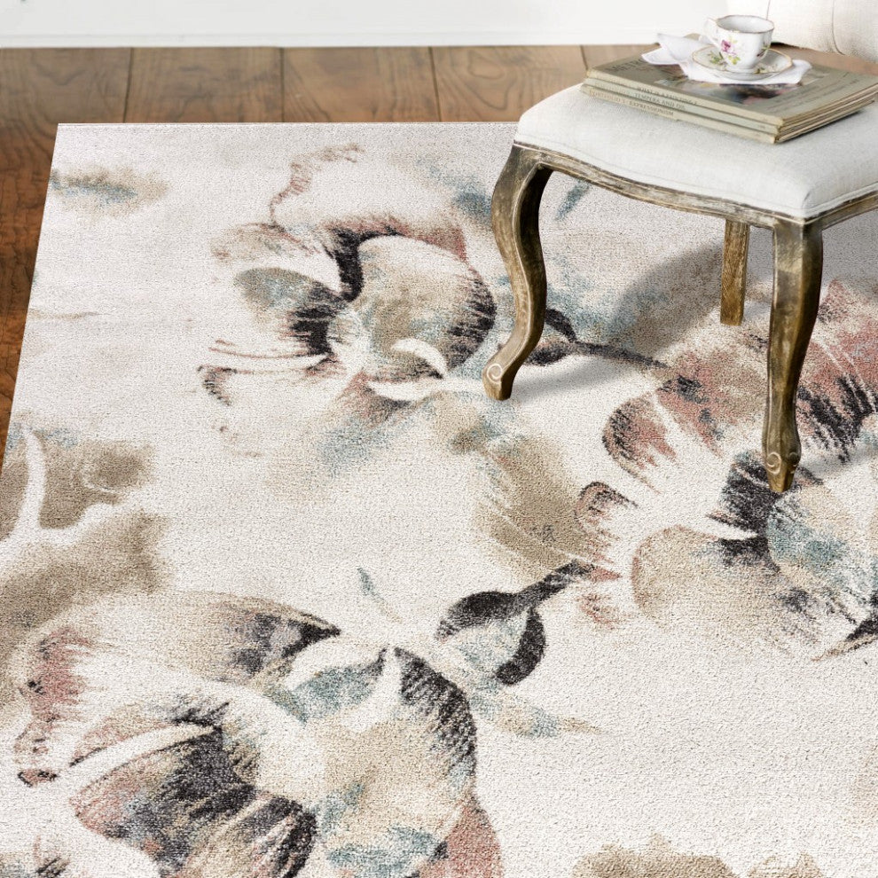 5' x 7' Ivory Soft Floral Artwork Area Rug