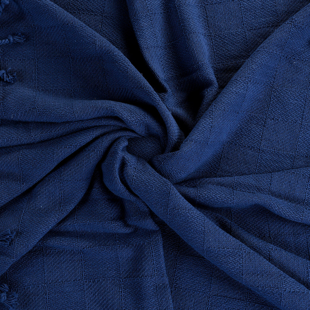 Checkered Weave Throw Blanket with Fringe, Navy Blue
