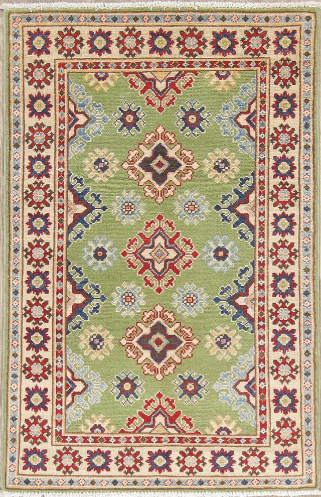 Hand-Knotted Pakistani Kazak Traditional Oriental Area Rug, Green, 4'1"X2'8"