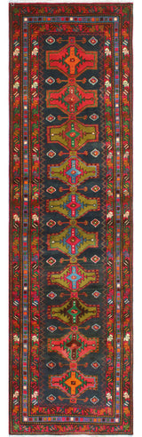 Fine Vintage Distressed Sanem Navy/Red Runner, 3'6 x 13'4