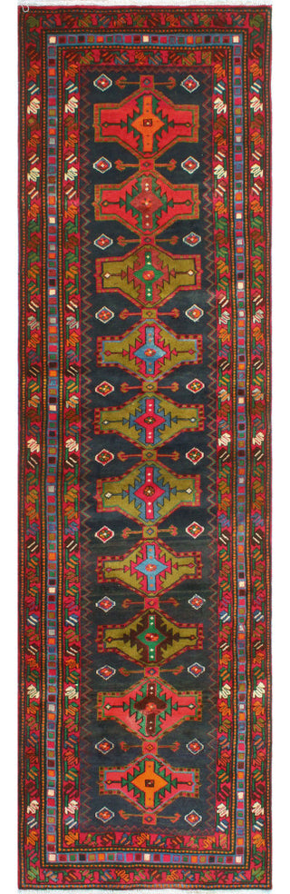 Fine Vintage Distressed Sanem Navy/Red Runner, 3'6 x 13'4