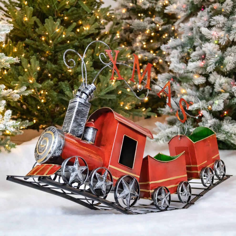 Metal Christmas Train With 2 Carts on Track