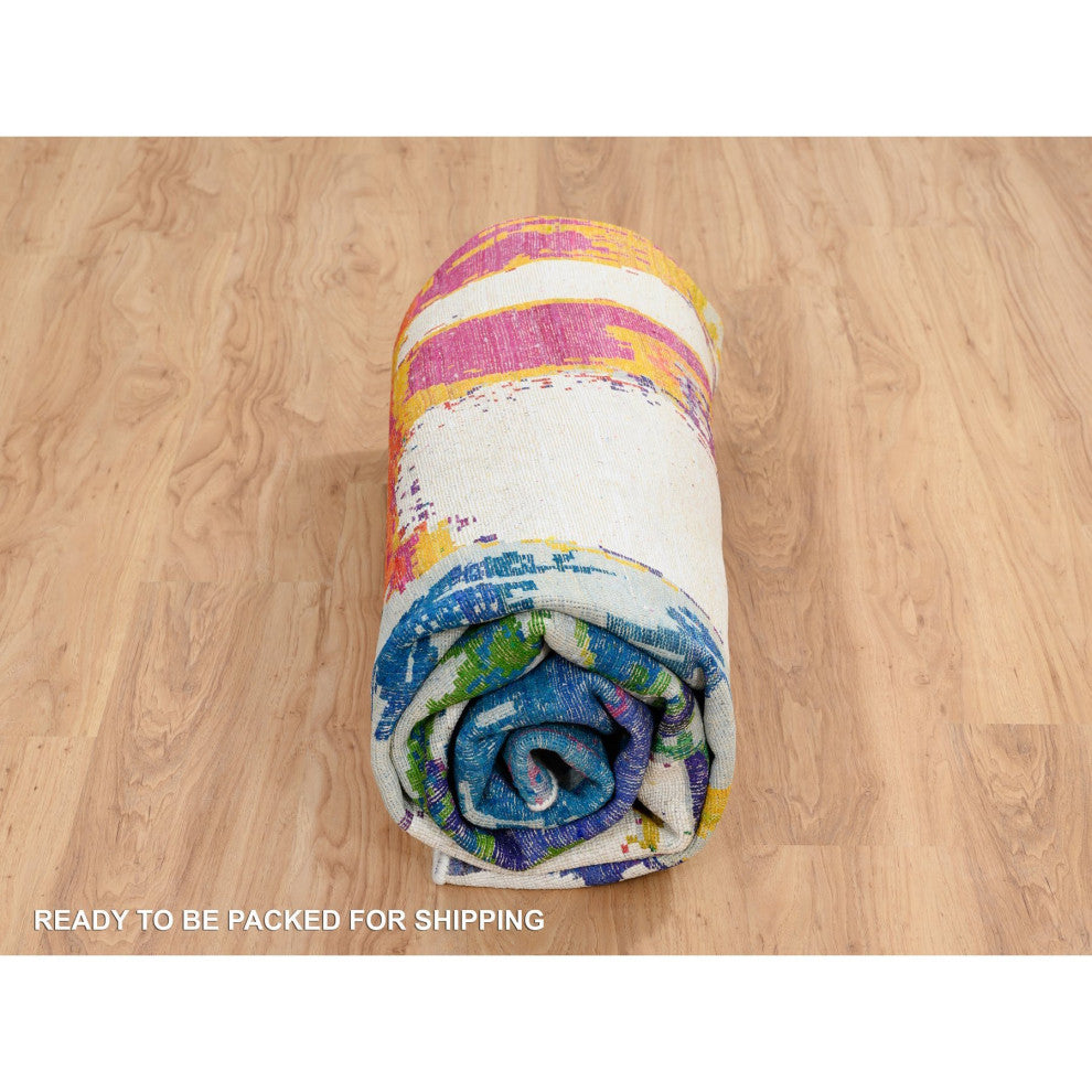 Colorful Wool and Silk Hand Knotted Modern Abstract Motifs Round Rug, 8'9"x8'9"