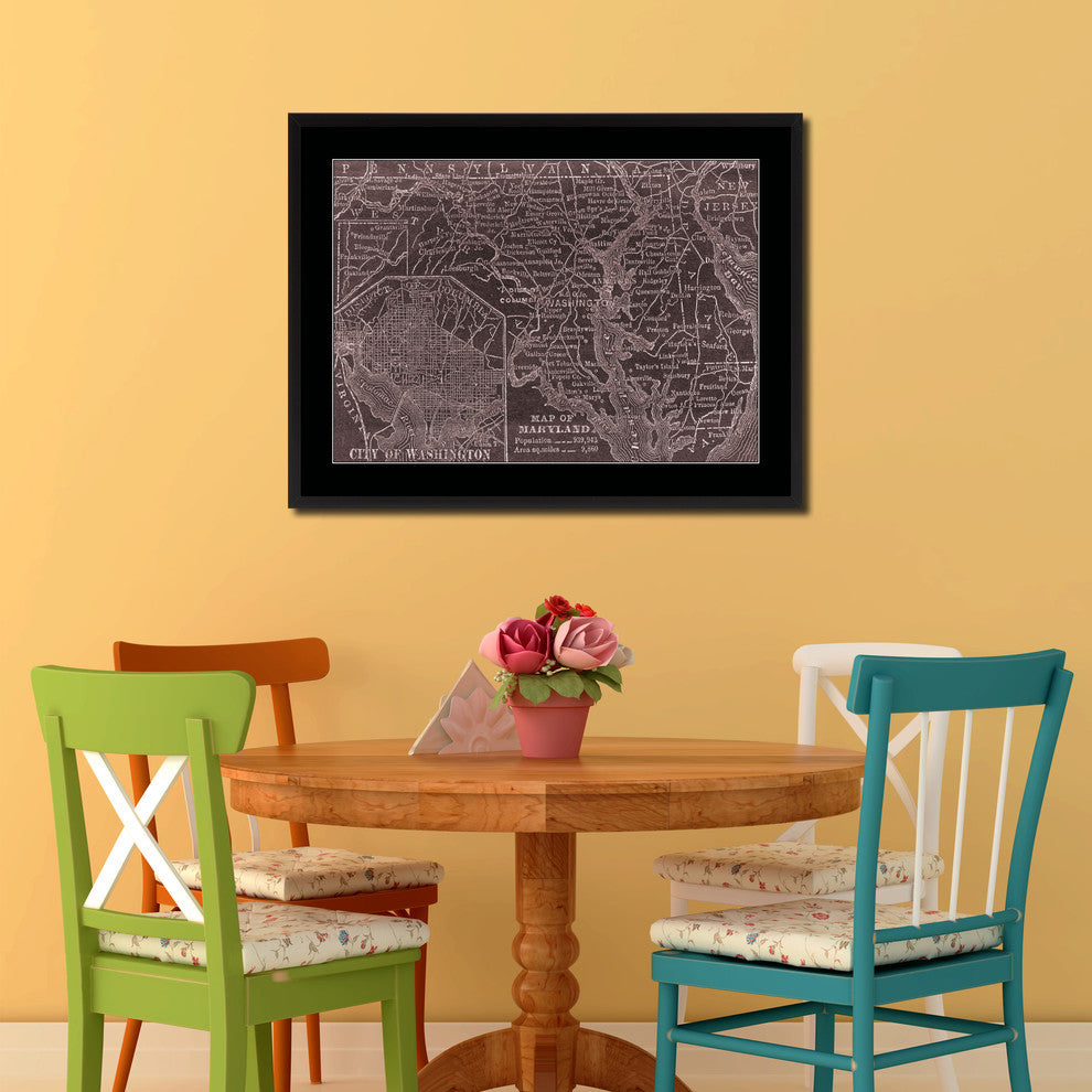 Maryland Vivid Sepia Map Print On Canvas With Black Custom Frame, 16" X 21"