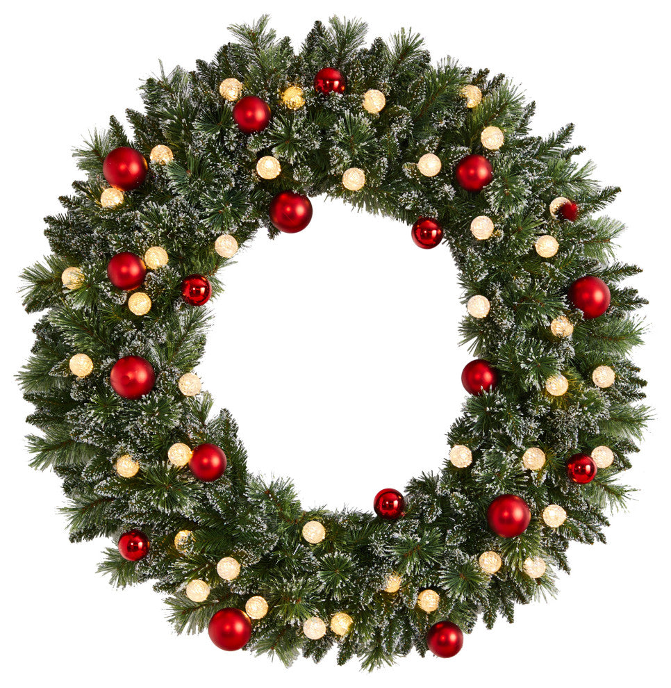 4' Oversized Pre-Lit Frosted Holiday Xmas Wreath W/ Ornaments & Globe Lights