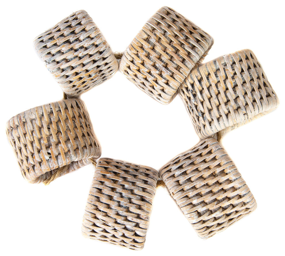 Artifacts Rattan Oval Napkin Rings 6 Piece Set, White Wash