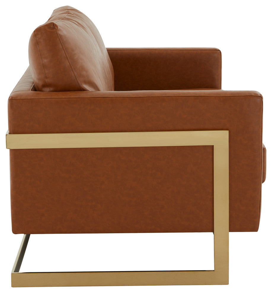 LeisureMod LA55BR-L Lincoln tan Modern Mid-Century Leather Loveseat Gold Frame