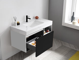 Manarola Matte Black with Thick Quartz Wall Mount Vanity, Open Shelf, 42"