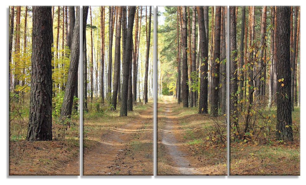 Pathway in Autumn Pine Forest, Modern Forest Canvas Art, 48"x28", 4 Panels