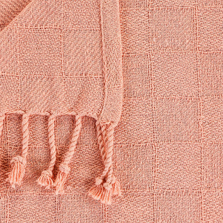 Checkered Weave Throw Blanket with Fringe, Coral Pink