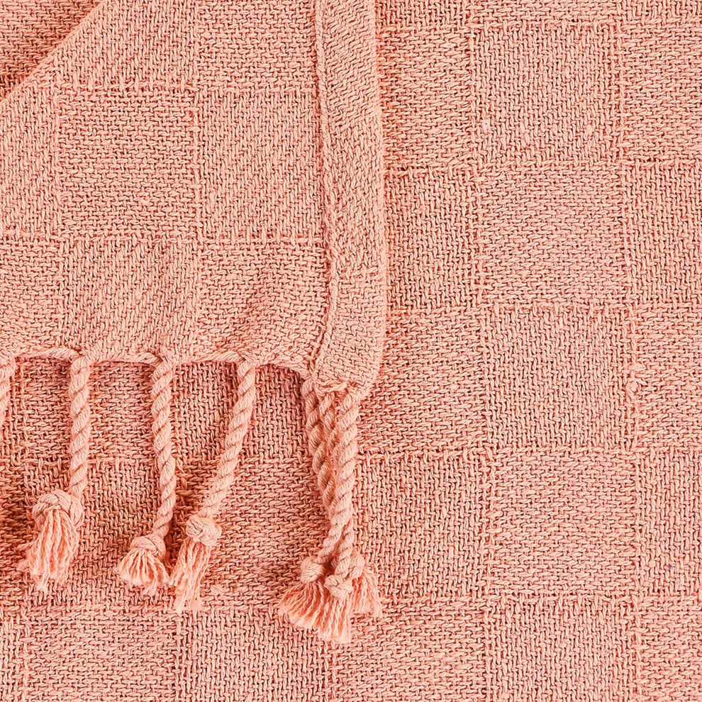 Checkered Weave Throw Blanket with Fringe, Coral Pink