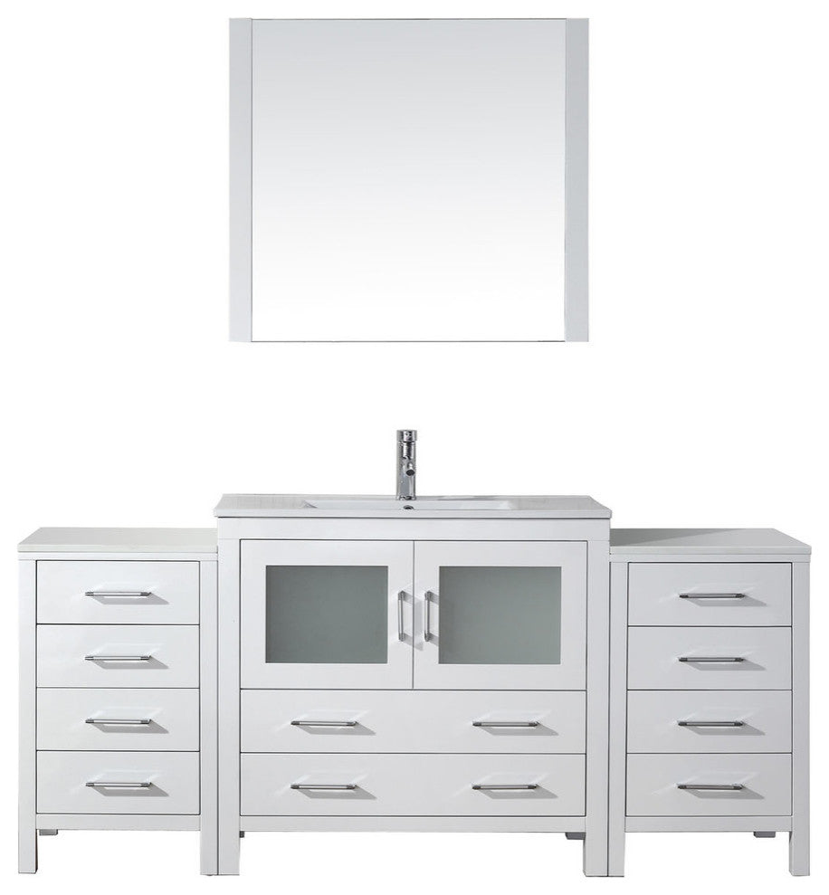 Virtu Dior 72" Single Bathroom Vanity, White, Polished Chrome Faucet, Mirror