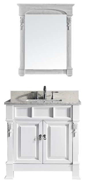 Virtu Huntshire 36" Single Bathroom Vanity, White With Faucet and Mirror