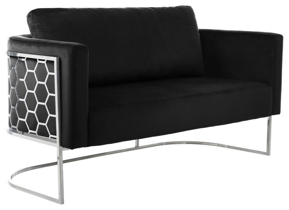 Casa Velvet Upholstered Loveseat, Black, Chrome Finish