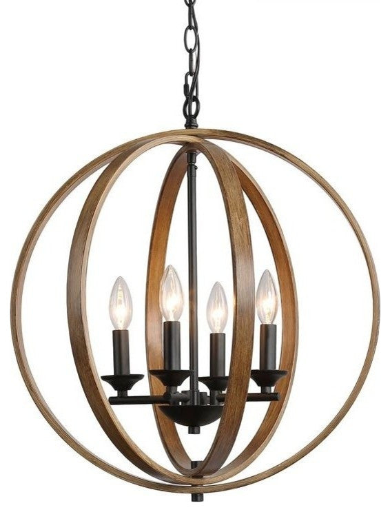 LNC Farmhouse Amtique Globe Brown Wood Chandelier for Kitchen Island, 4 Lights