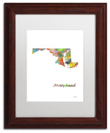 Marlene Watson 'Maryland State Map-1' Art, Wood Frame, 11"x14", White Matte