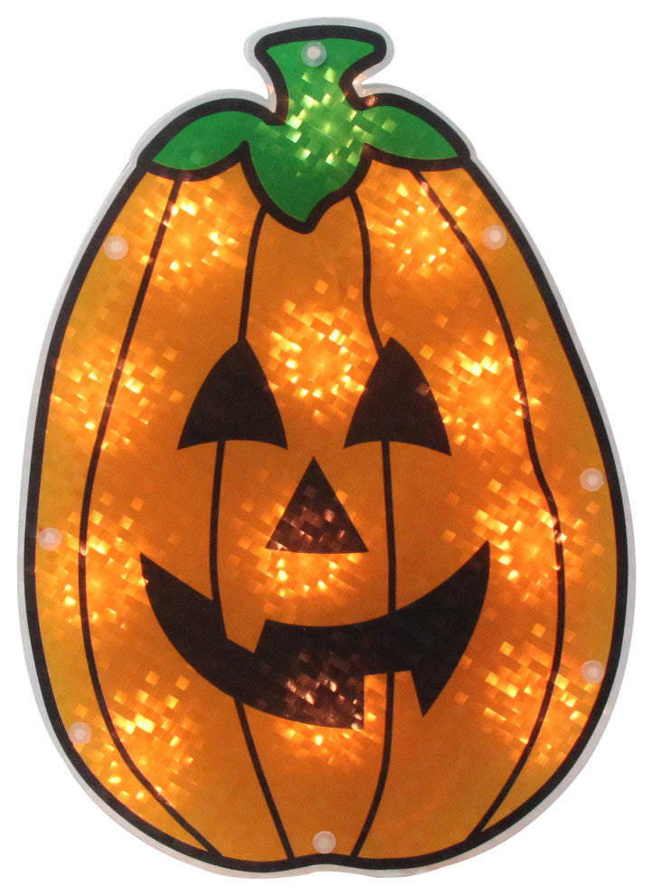 12" Orange Holographic Lighted Pumpkin Halloween Window Silhouette Decoration