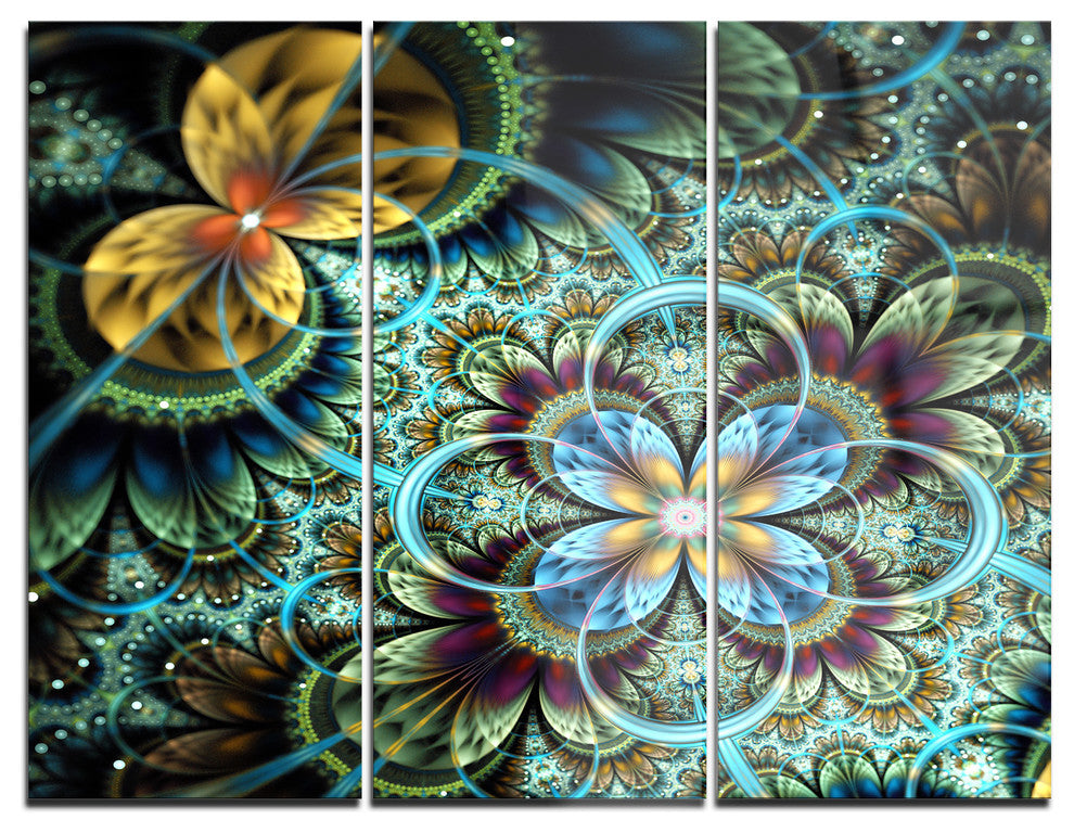 "Fractal Dark Orange Blue Flowers" Digital Metal Wall Art, 3 Panels, 36"x28"
