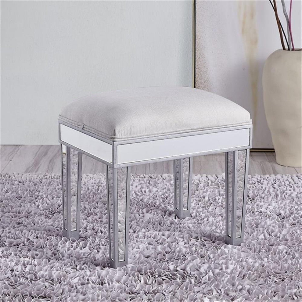 Elegant Decor Reflexion 18" Mirrored Fabric Vanity Stool in Beige and Silver
