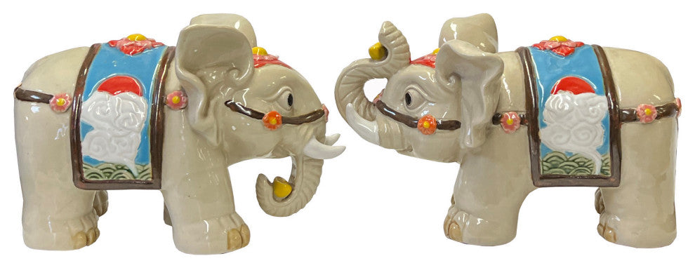 Pair Chinese Ceramic Clay Beige RuYi Ingot Decor Elephant Figures Hws3074
