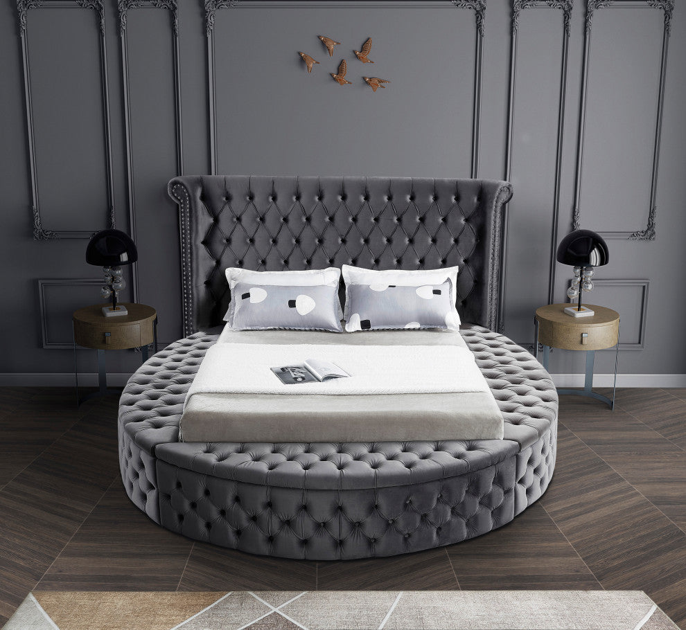 Luxus Button Tufted Velvet Round Bed, Gray, Full