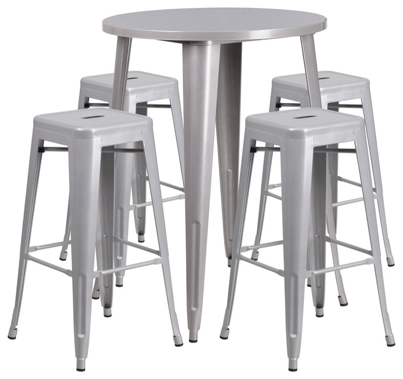 30" Round Silver Metal Bar 5-Piece Table Set With 4 Square Seat Backless Stools